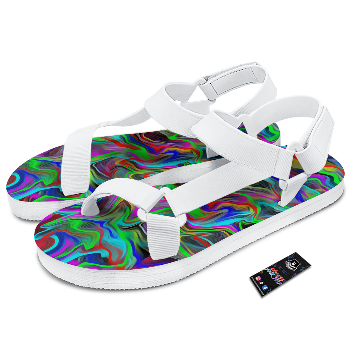 Psychedelic Trippy Neon Green Print White Open Toe Sandals-grizzshop