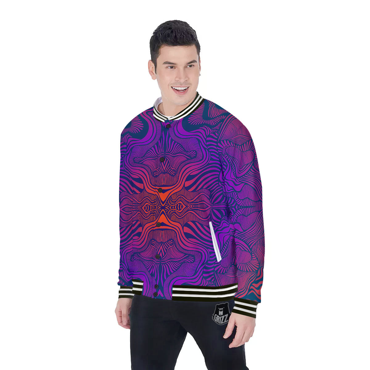 Psychedelic Trippy Ornament Print Baseball Jacket-grizzshop