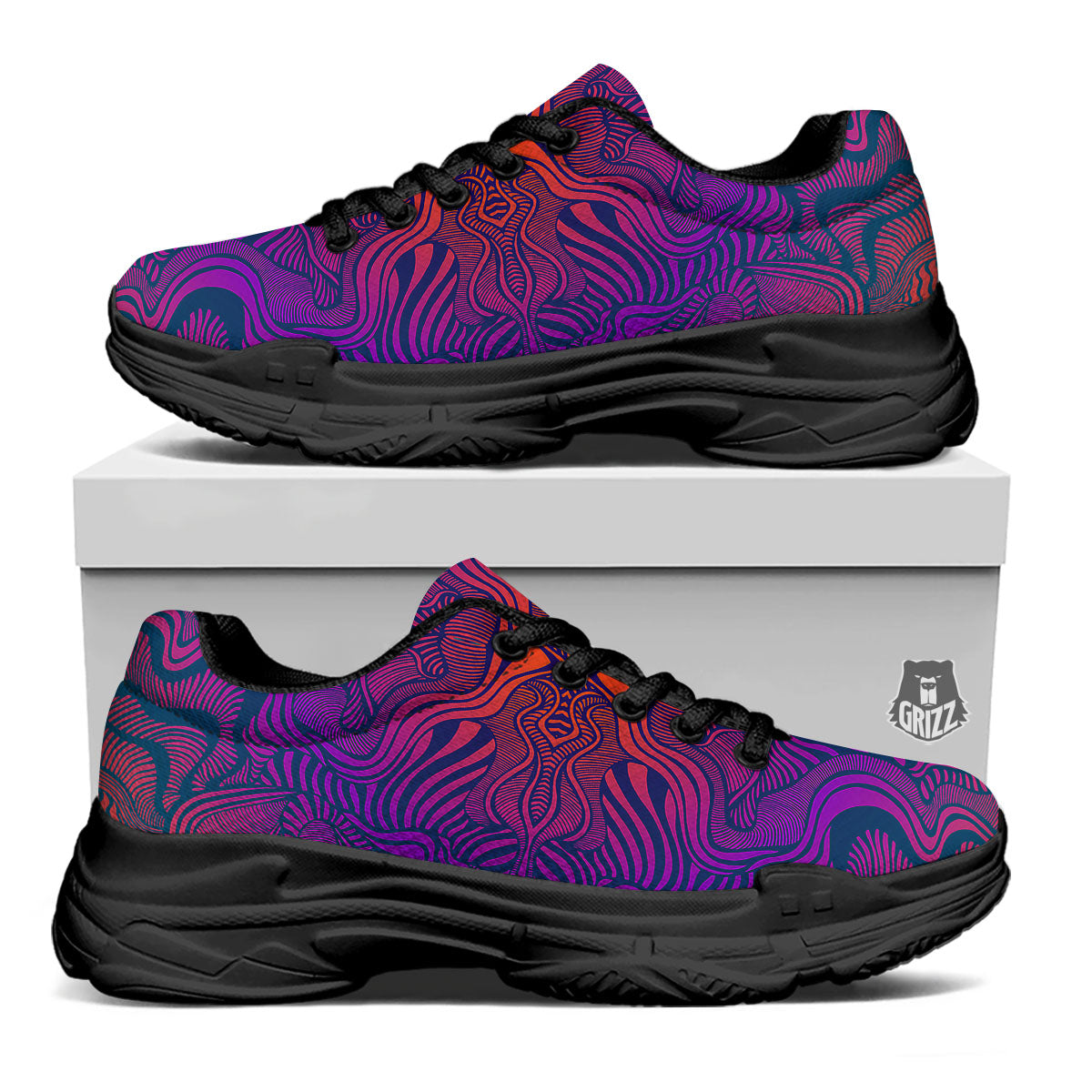 Psychedelic Trippy Ornament Print Black Chunky Shoes-grizzshop
