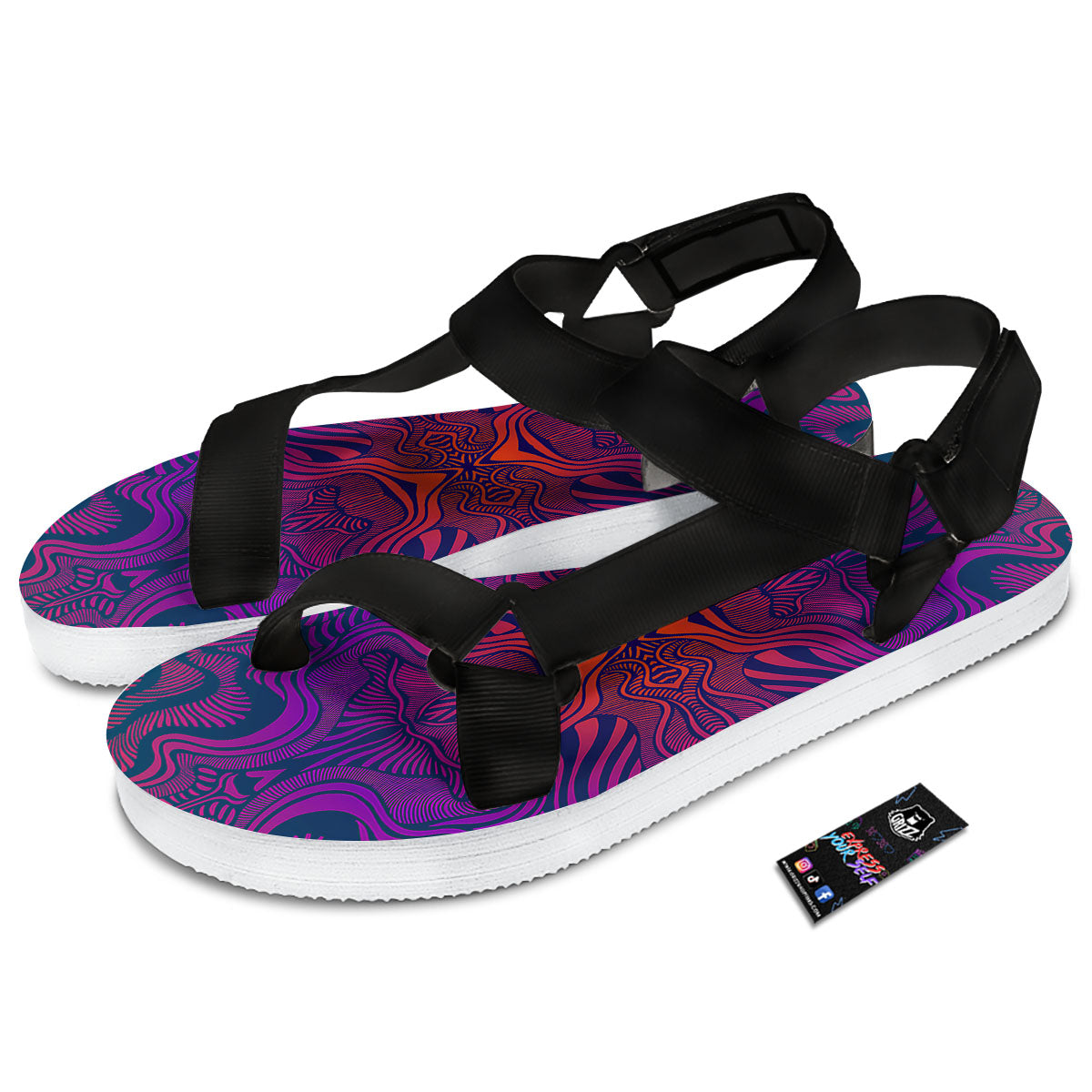 Psychedelic Trippy Ornament Print Black Open Toe Sandals-grizzshop