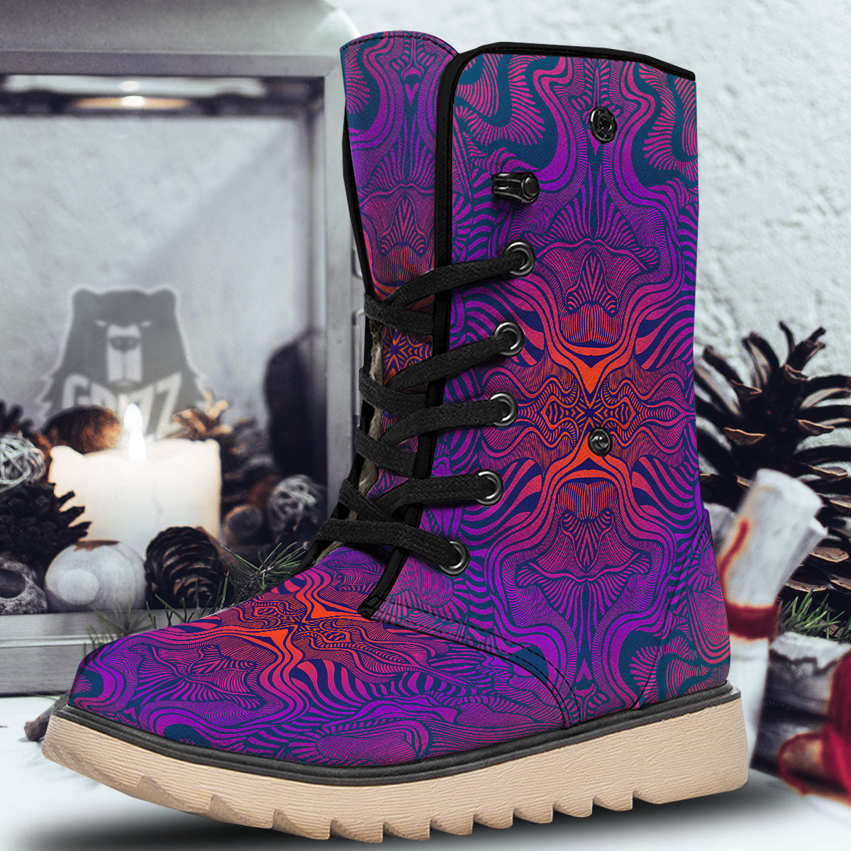 Psychedelic Trippy Ornament Print Snow Boots-grizzshop