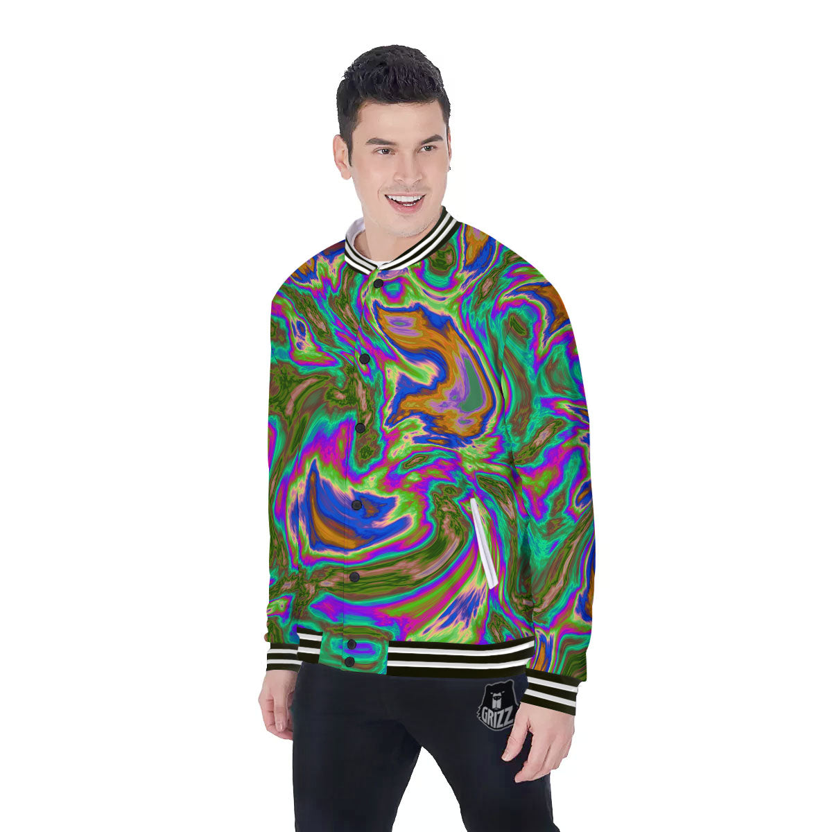 Psychedelic Trippy Purple Green Print Baseball Jacket-grizzshop