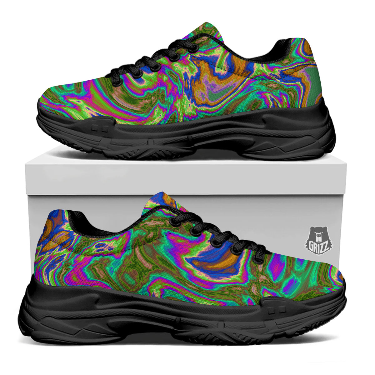 Psychedelic Trippy Purple Green Print Black Chunky Shoes-grizzshop