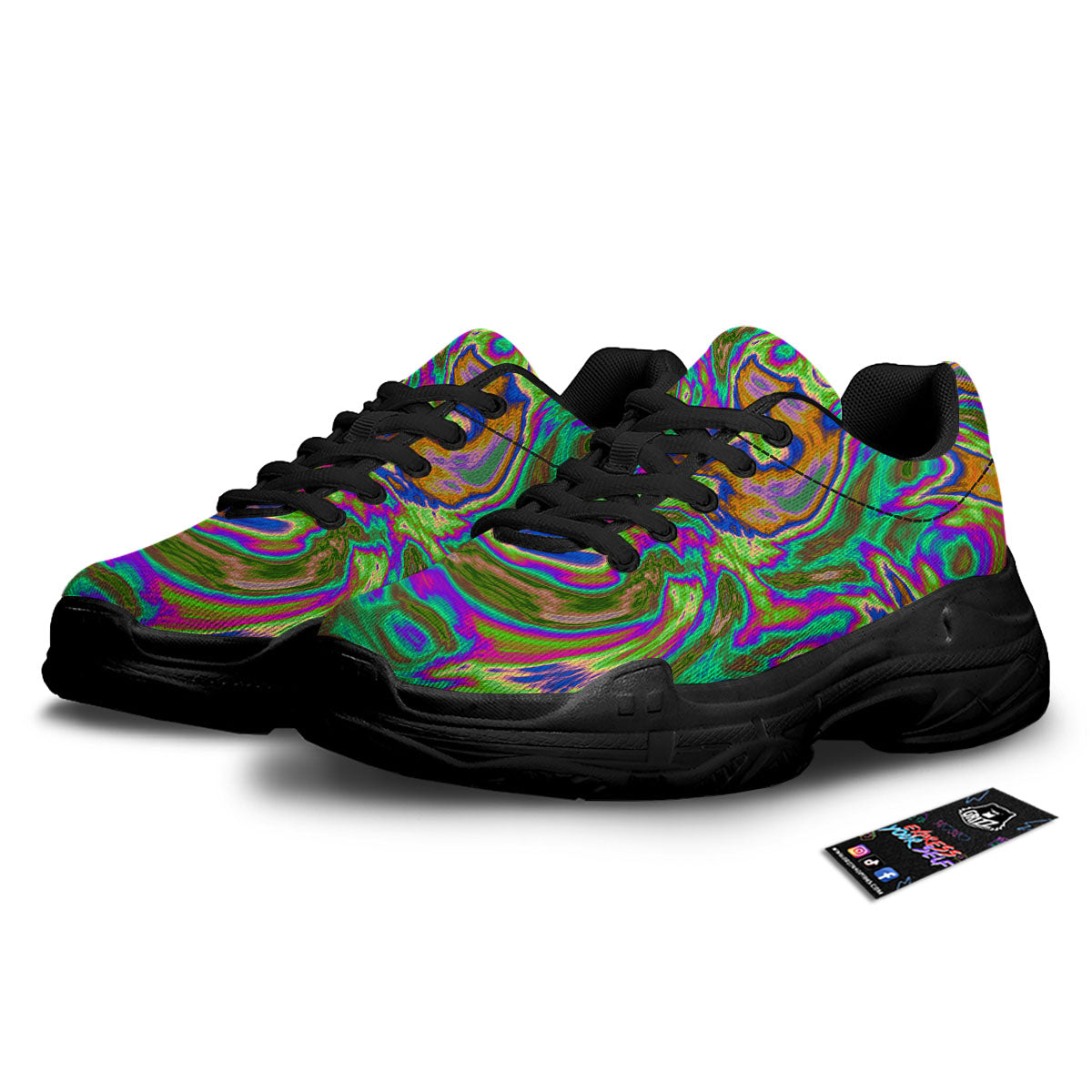 Psychedelic Trippy Purple Green Print Black Chunky Shoes-grizzshop