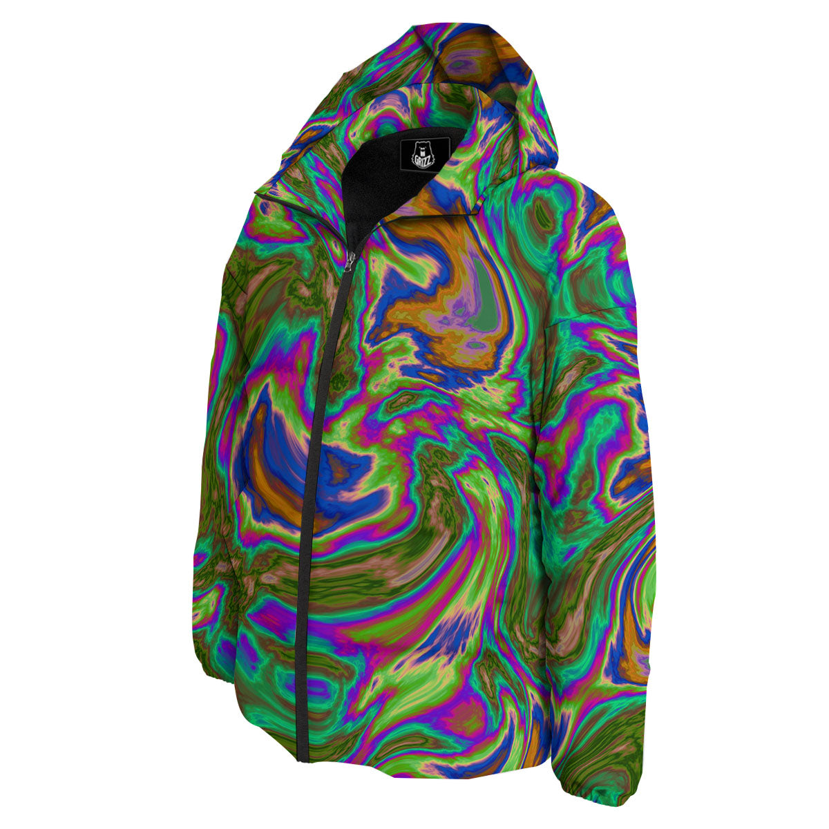 Psychedelic Trippy Purple Green Print Down Jacket-grizzshop