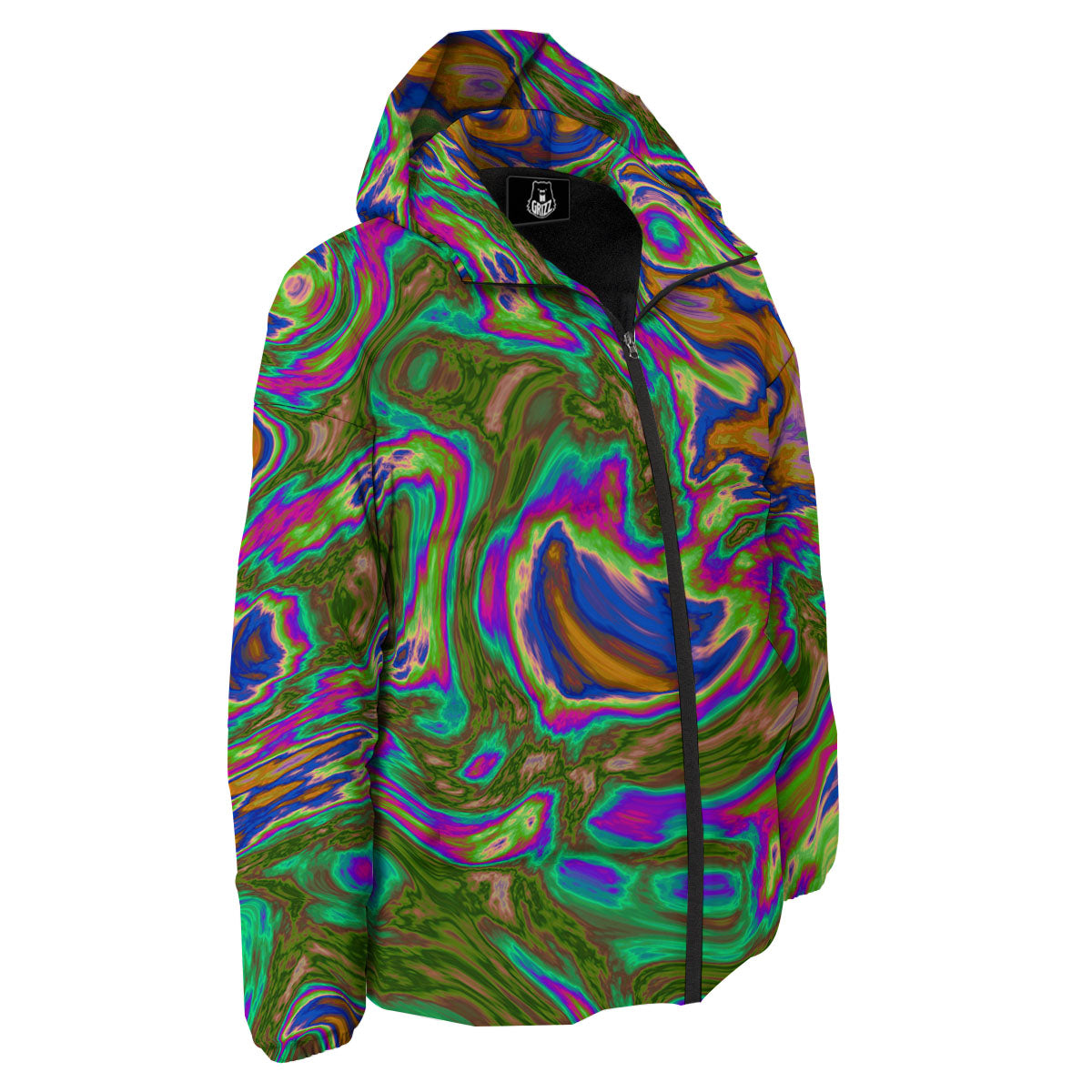Psychedelic Trippy Purple Green Print Down Jacket-grizzshop