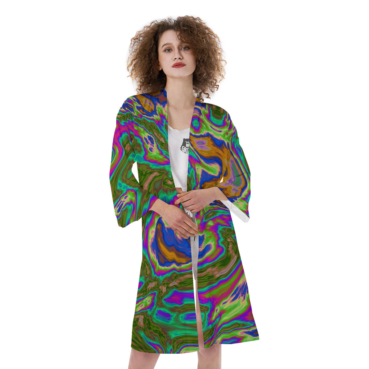 Psychedelic Trippy Purple Green Print Kimono-grizzshop