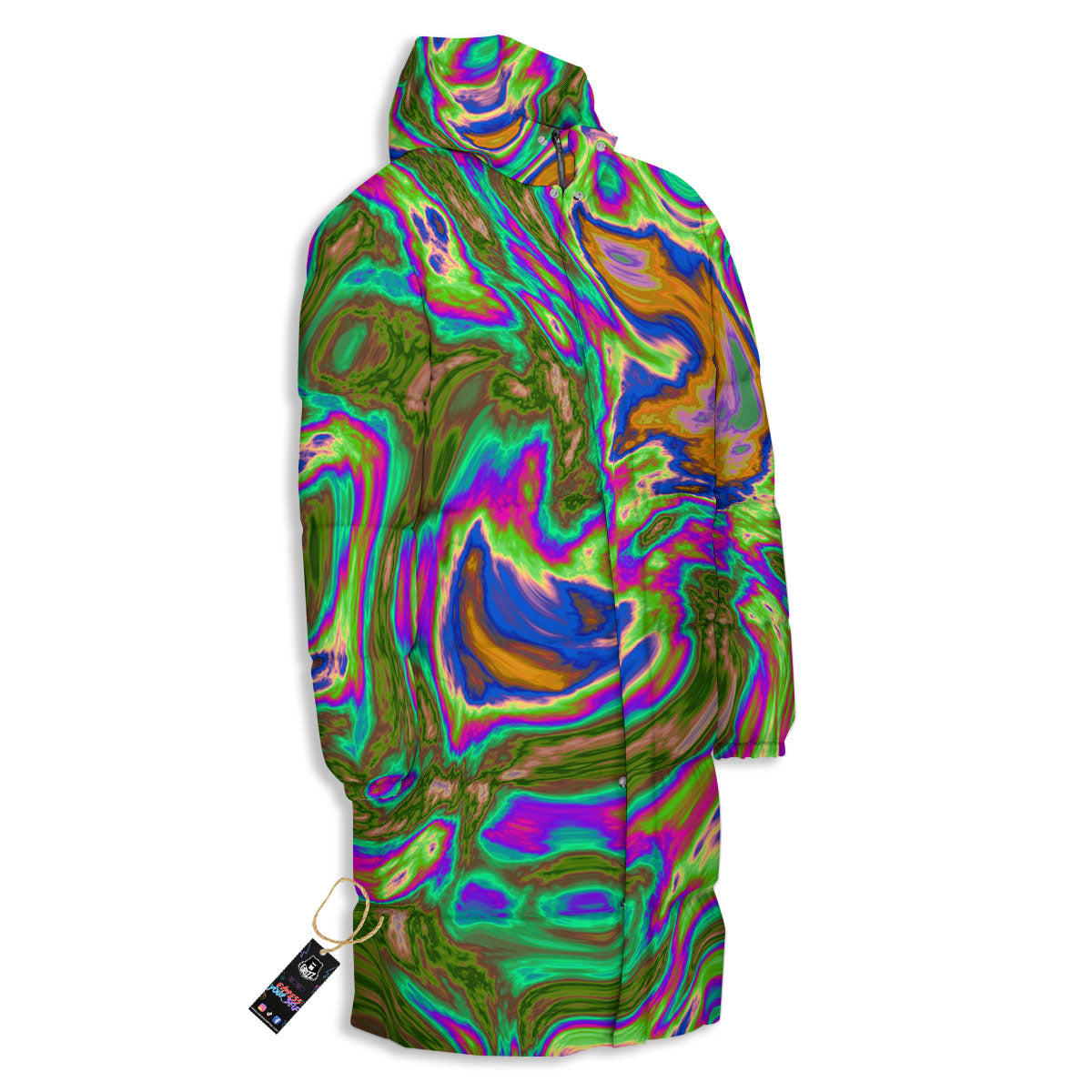 Psychedelic Trippy Purple Green Print Long Down Jacket-grizzshop