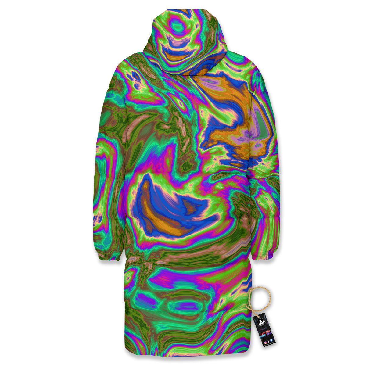 Psychedelic Trippy Purple Green Print Long Down Jacket-grizzshop