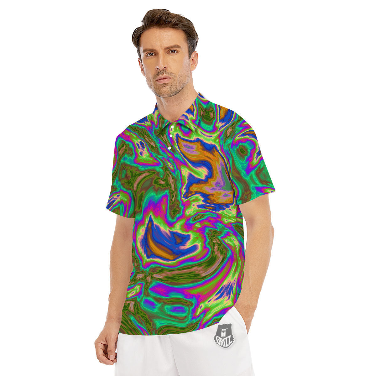 Psychedelic Trippy Purple Green Print Men's Golf Shirts-grizzshop