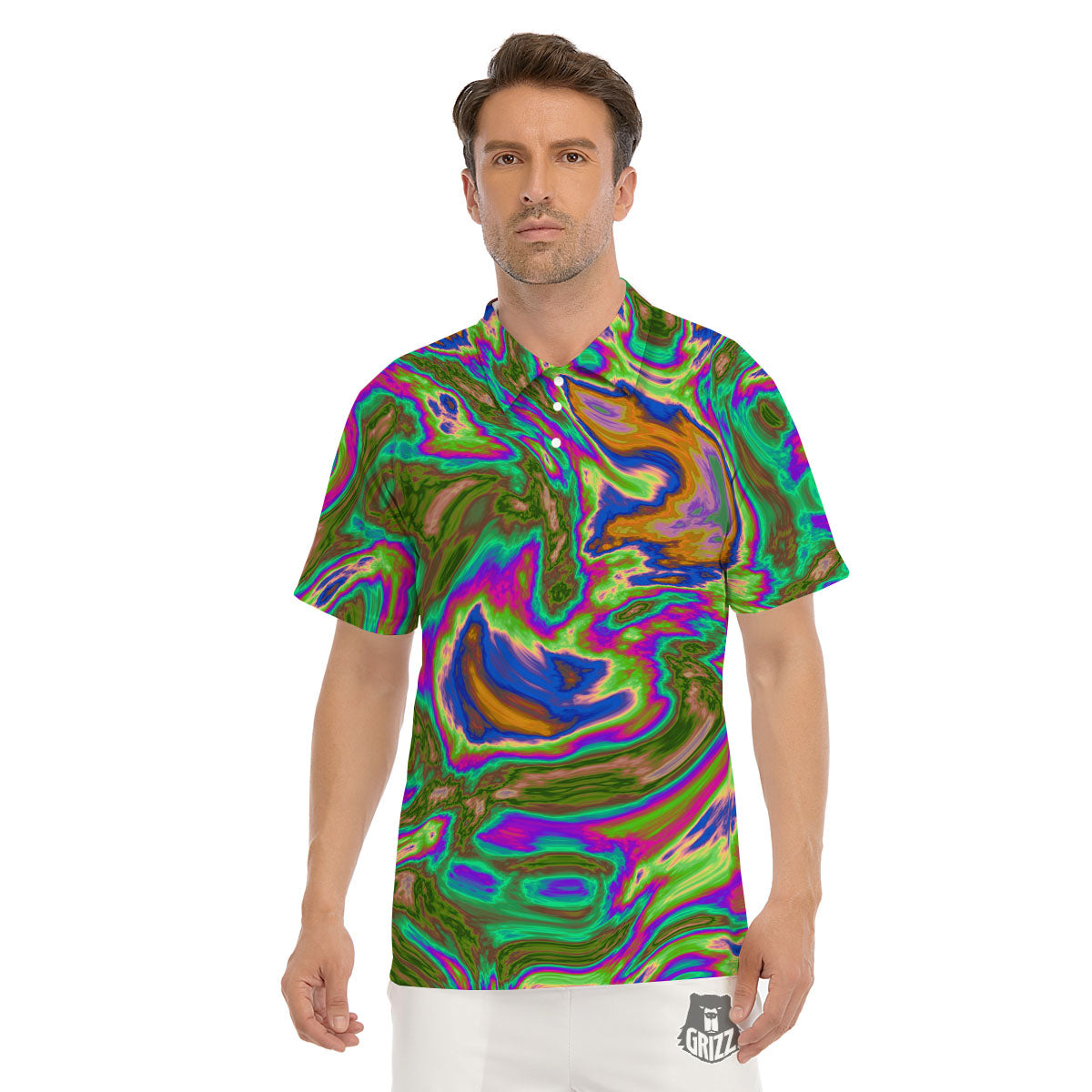 Psychedelic Trippy Purple Green Print Men's Golf Shirts-grizzshop