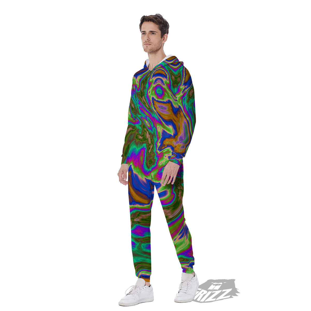 Psychedelic Trippy Purple Green Print Men's Jumpsuit-grizzshop