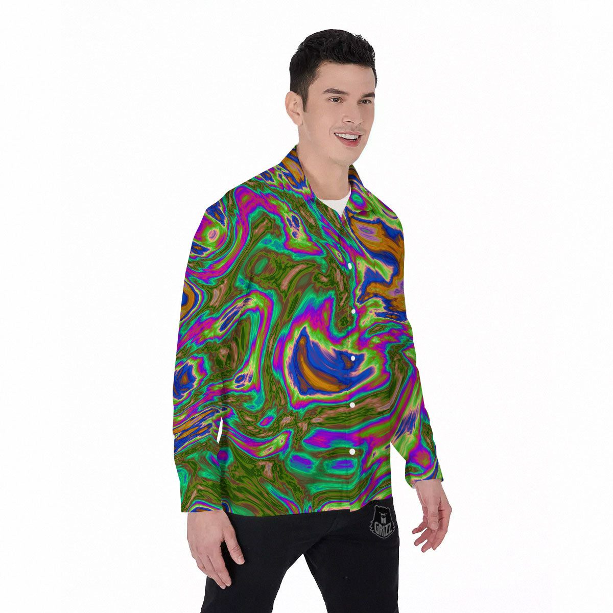 Psychedelic Trippy Purple Green Print Men's Long Sleeve Shirts-grizzshop