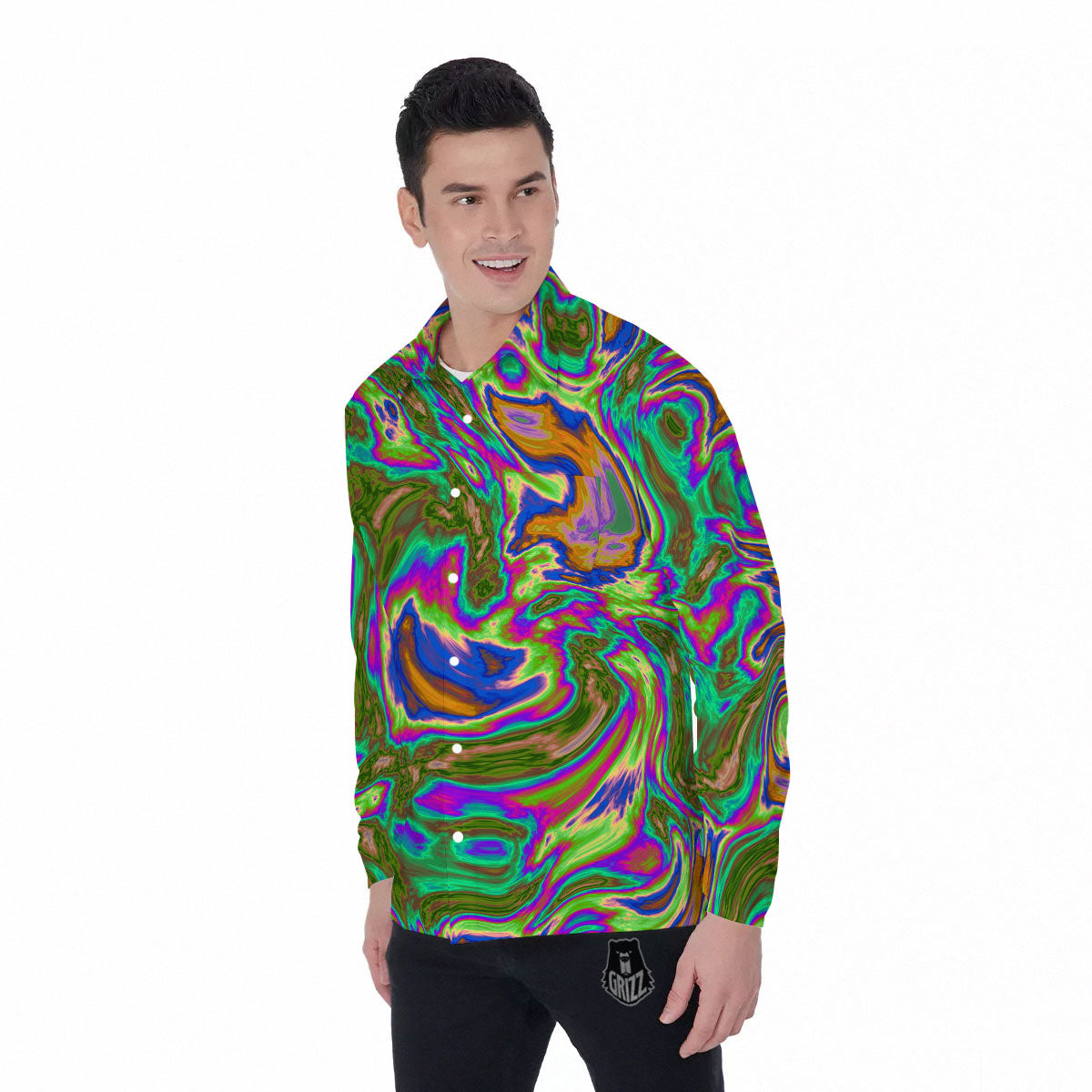 Psychedelic Trippy Purple Green Print Men's Long Sleeve Shirts-grizzshop