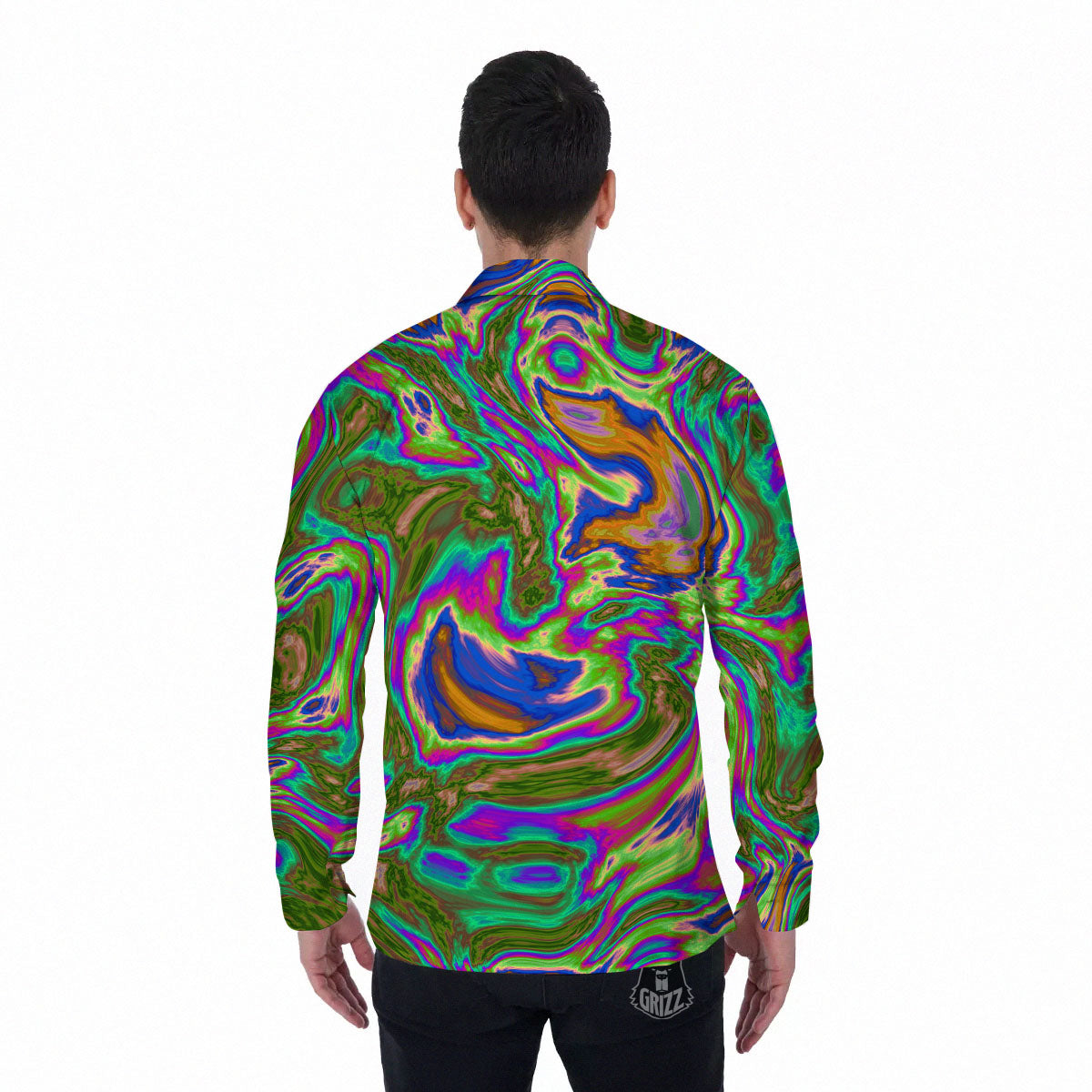 Psychedelic Trippy Purple Green Print Men's Long Sleeve Shirts-grizzshop