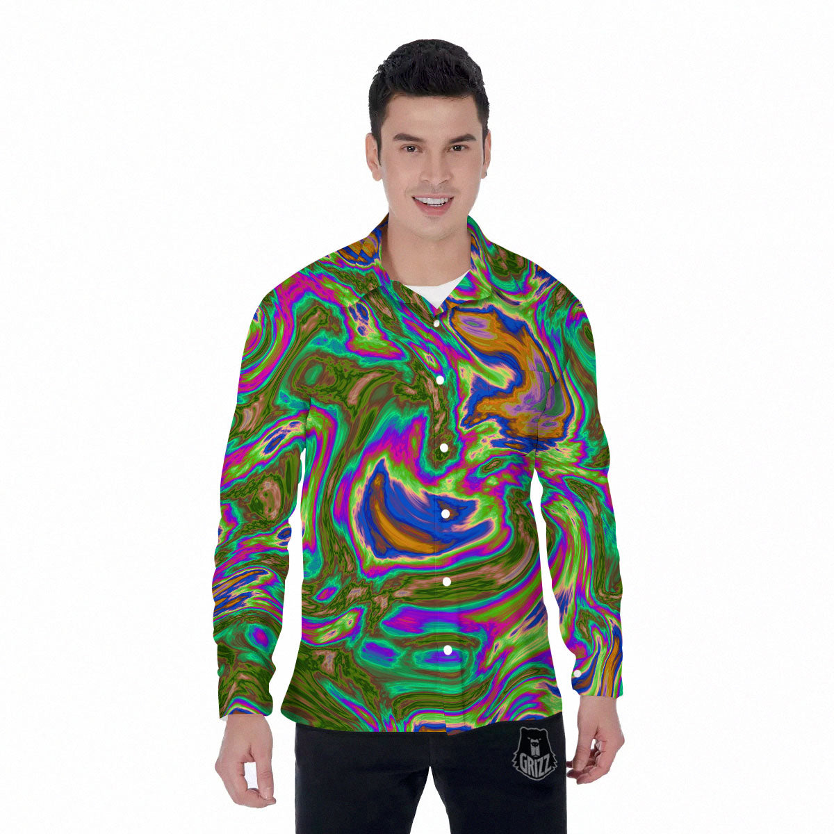 Psychedelic Trippy Purple Green Print Men's Long Sleeve Shirts-grizzshop