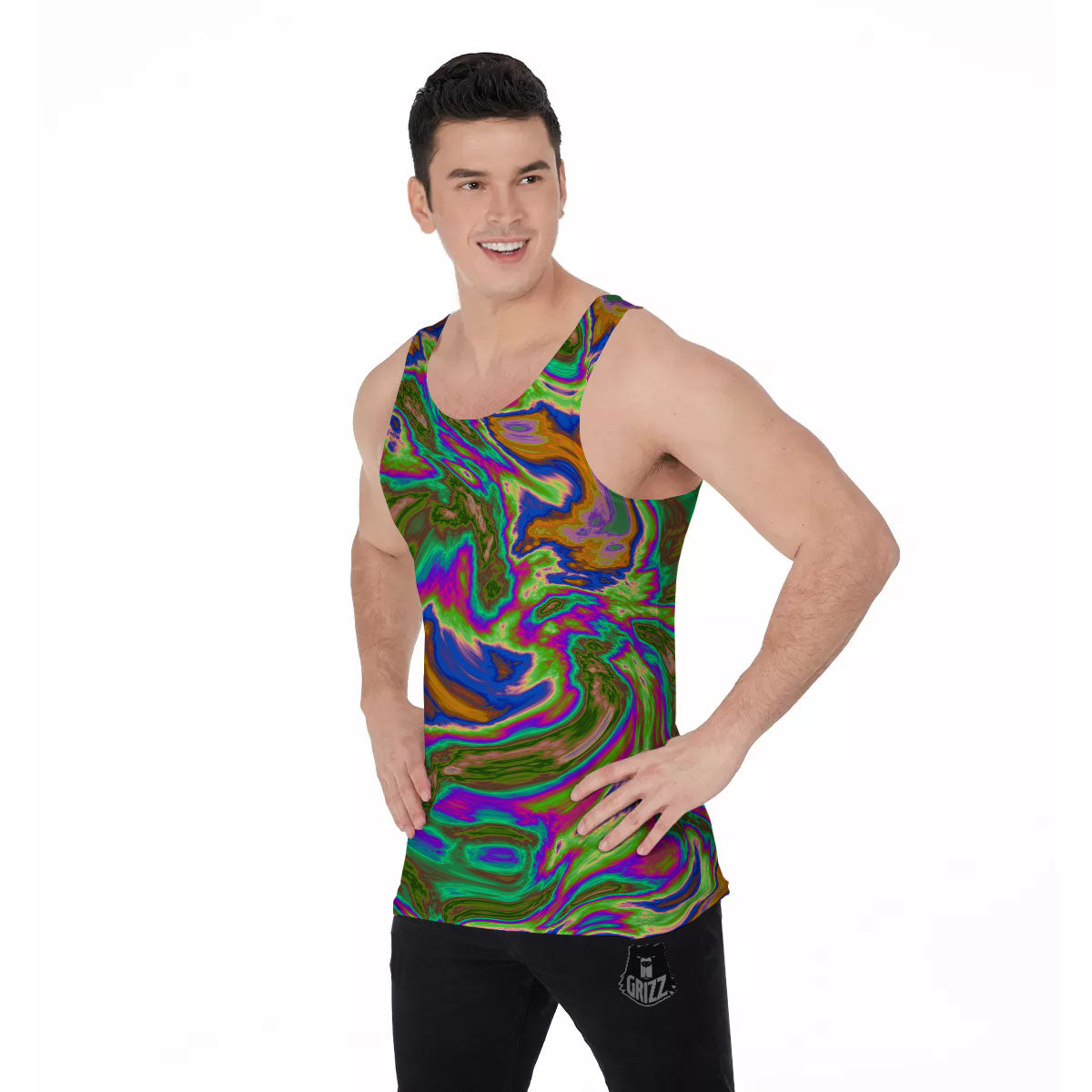 Psychedelic Trippy Purple Green Print Men's Tank Top-grizzshop