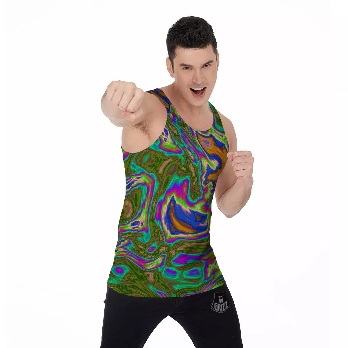 Psychedelic Trippy Purple Green Print Men's Tank Top-grizzshop