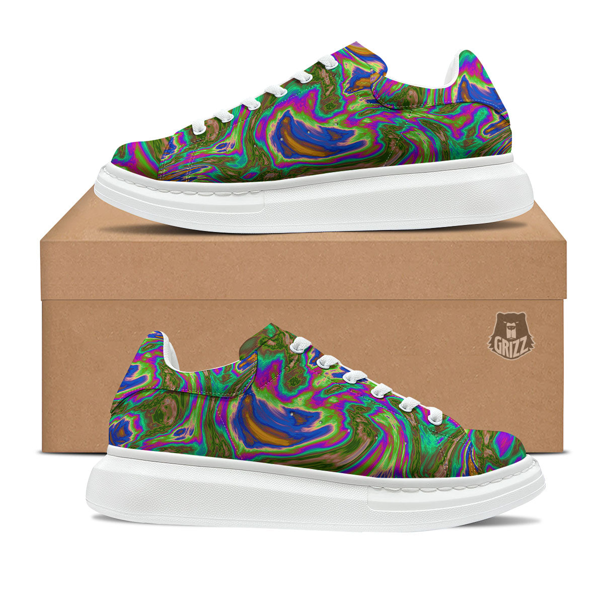 Psychedelic Trippy Purple Green Print Platform Shoes-grizzshop