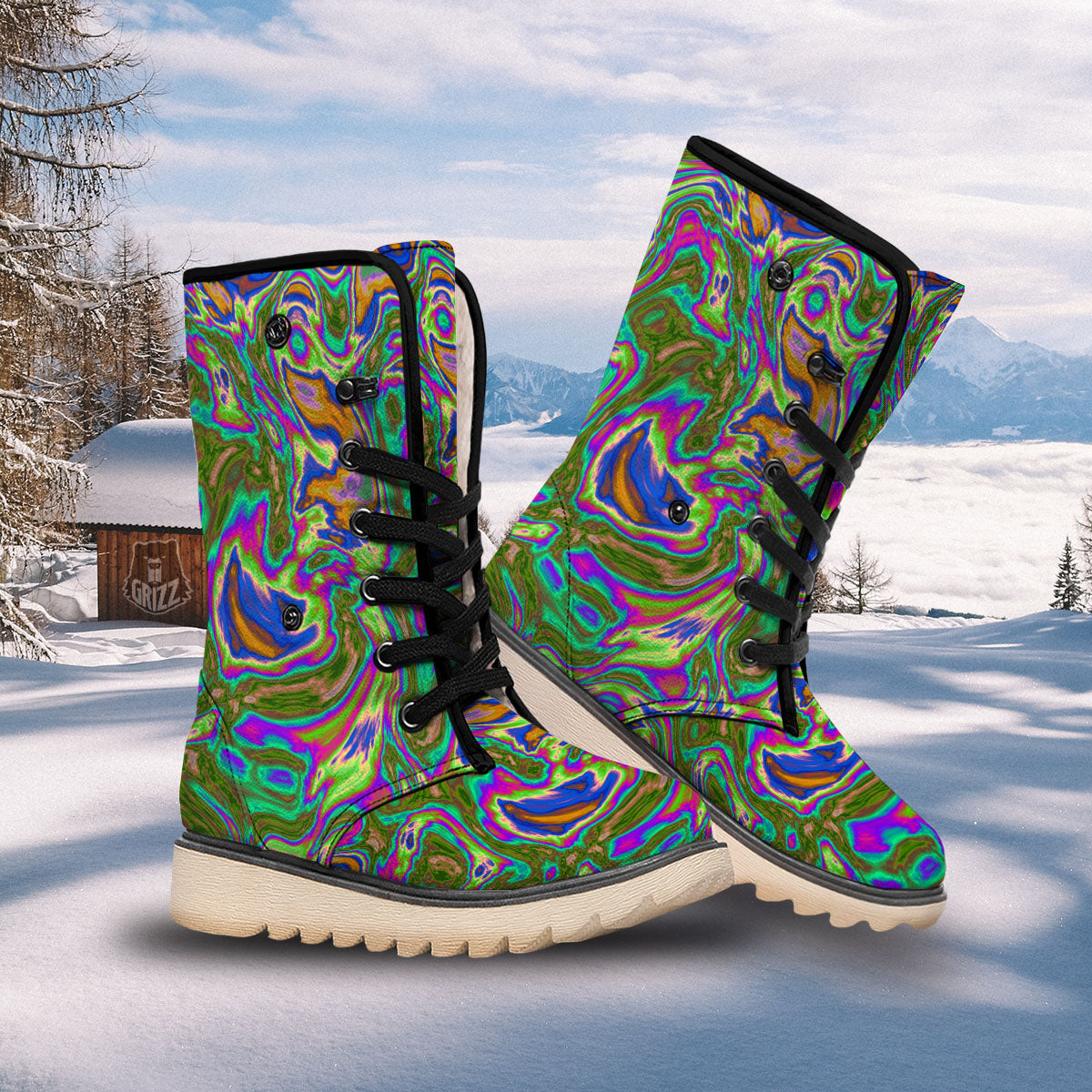 Psychedelic Trippy Purple Green Print Snow Boots-grizzshop