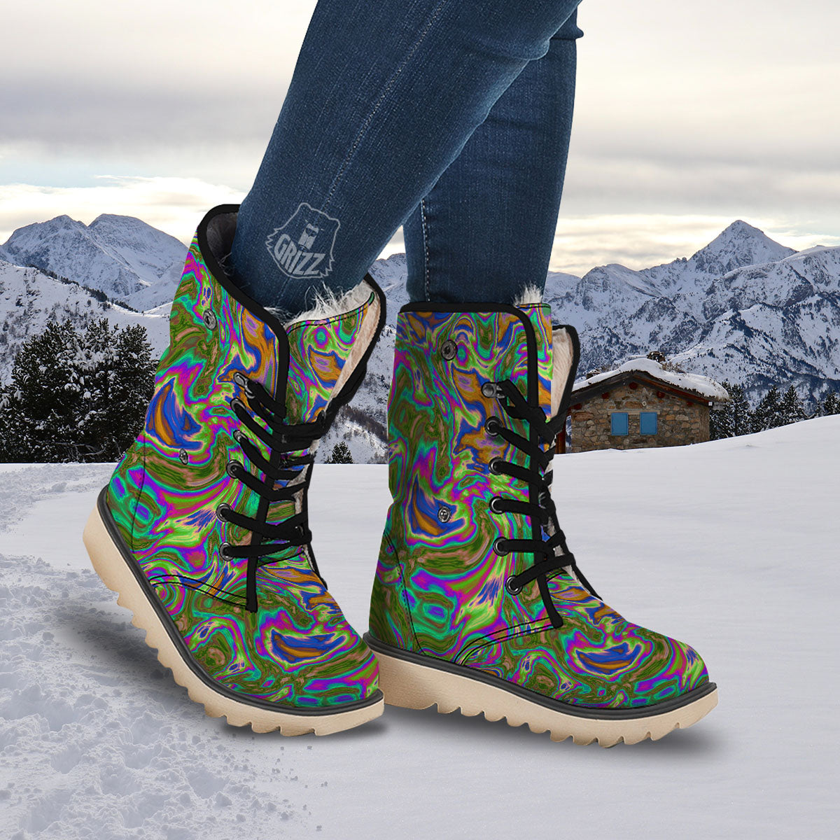 Psychedelic Trippy Purple Green Print Snow Boots-grizzshop