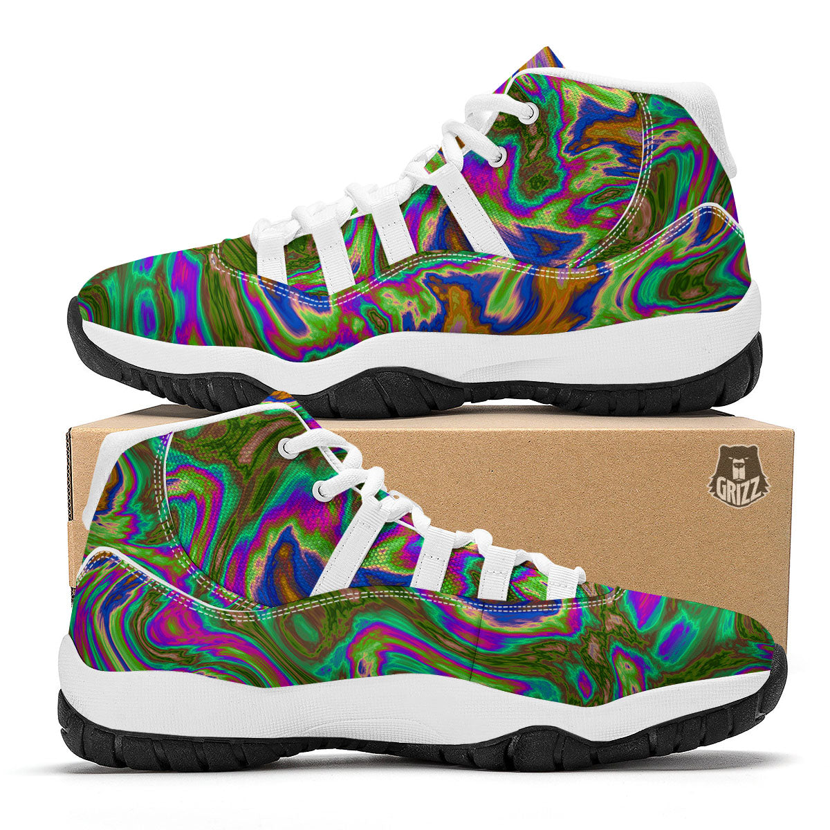 Psychedelic Trippy Purple Green Print White Bball Shoes-grizzshop