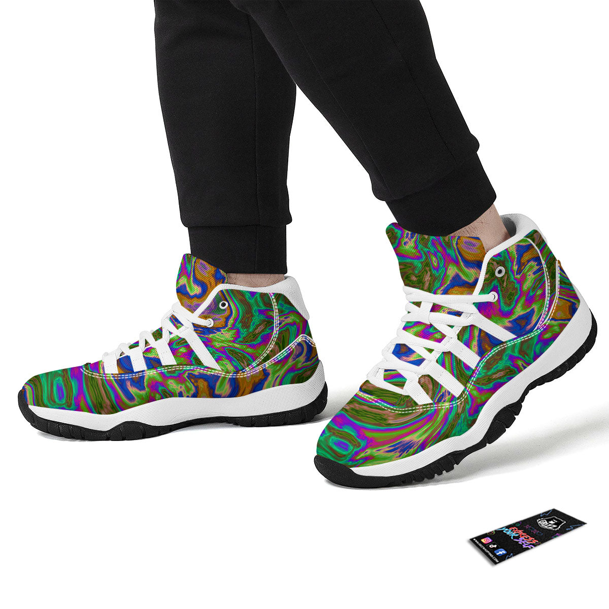 Psychedelic Trippy Purple Green Print White Bball Shoes-grizzshop