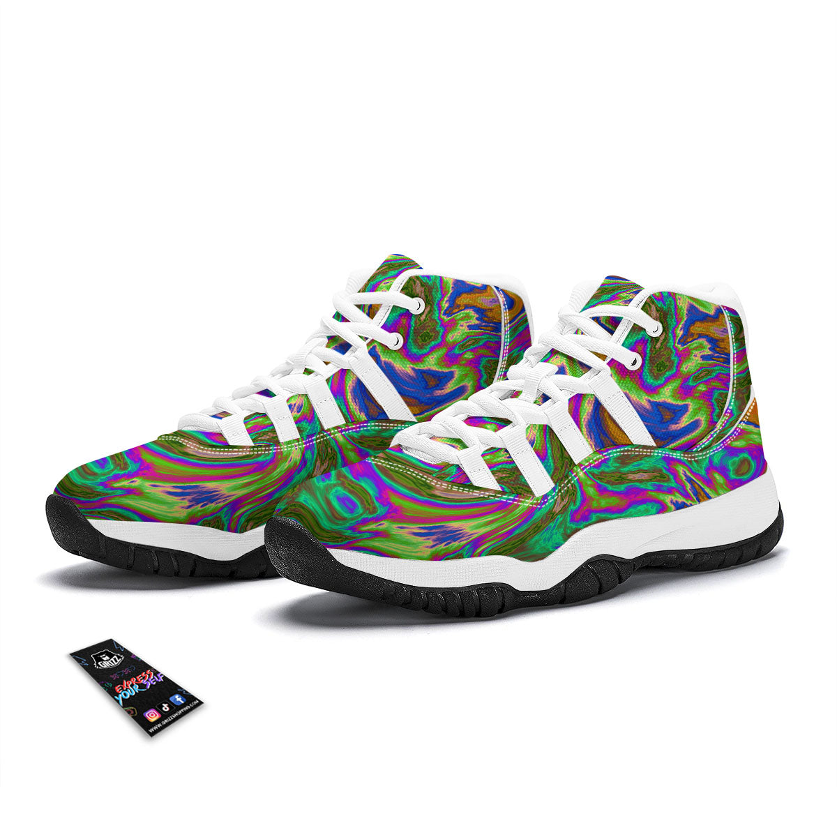 Psychedelic Trippy Purple Green Print White Bball Shoes-grizzshop