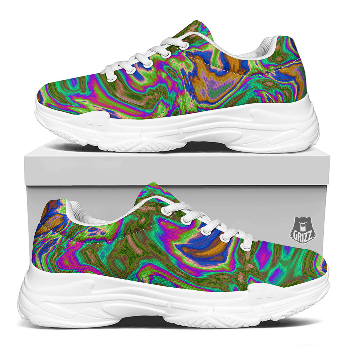 Psychedelic Trippy Purple Green Print White Chunky Shoes-grizzshop
