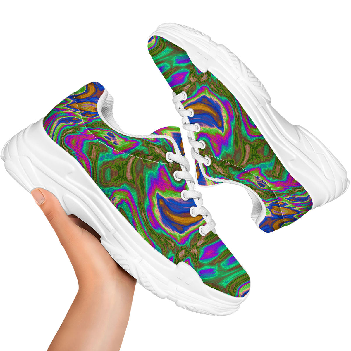 Psychedelic Trippy Purple Green Print White Chunky Shoes-grizzshop