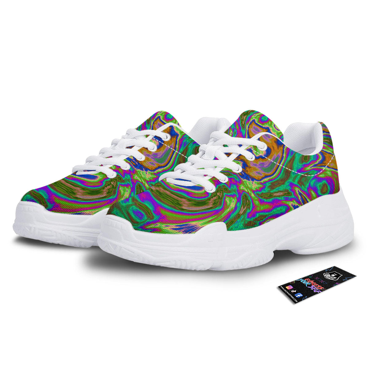 Psychedelic Trippy Purple Green Print White Chunky Shoes-grizzshop