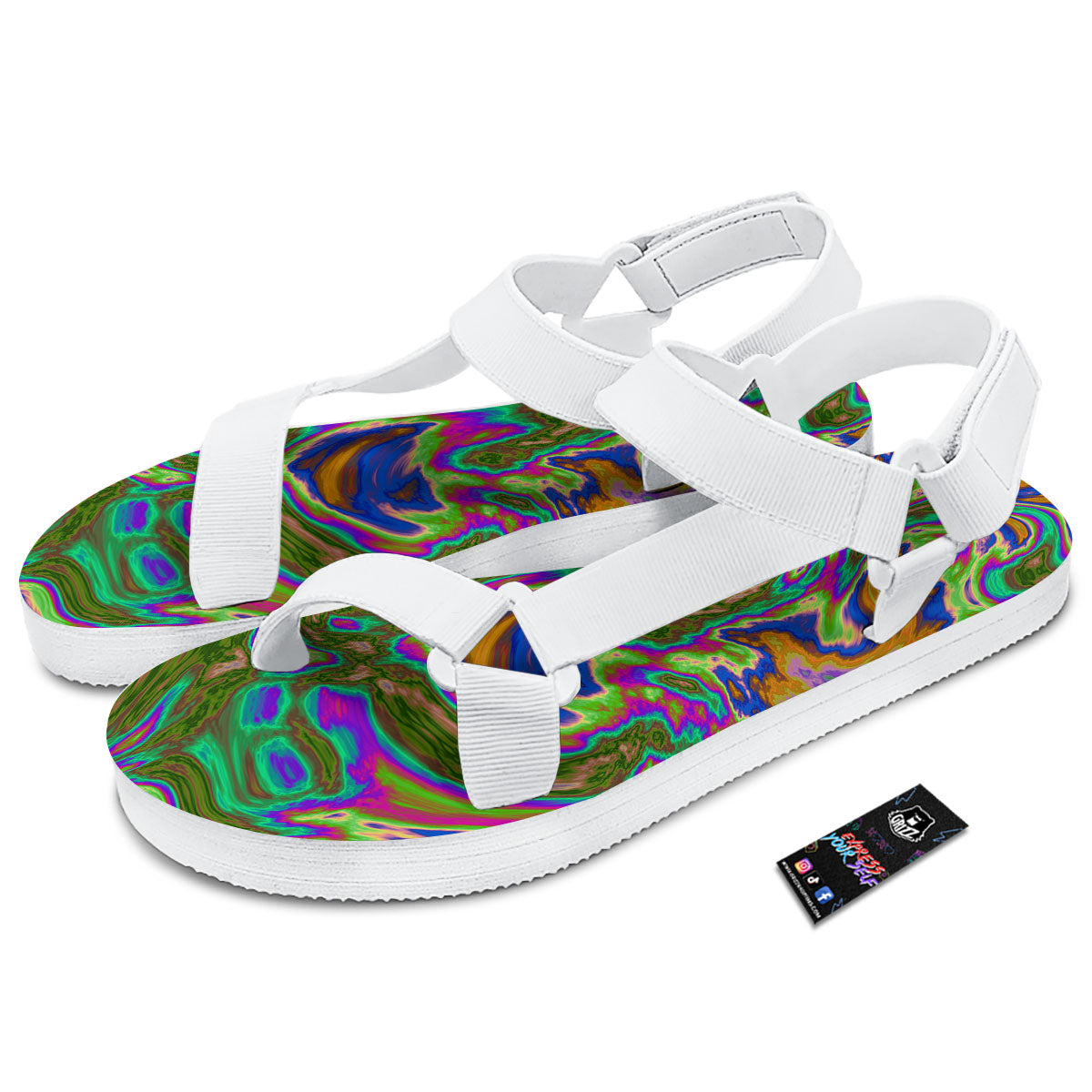 Psychedelic Trippy Purple Green Print White Open Toe Sandals-grizzshop