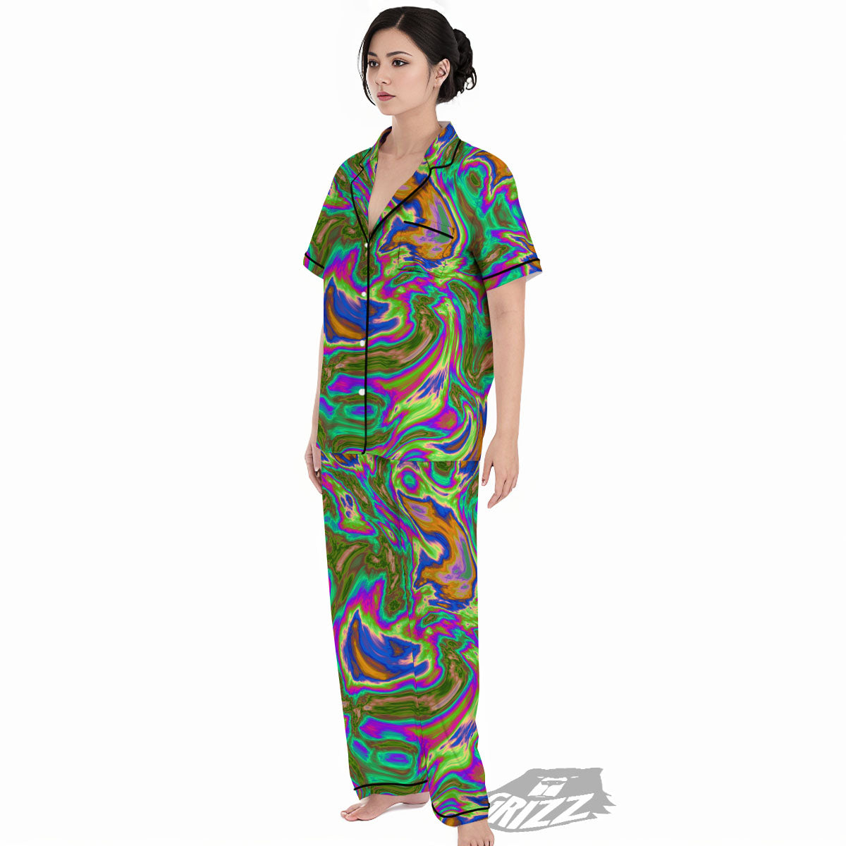 Psychedelic Trippy Purple Green Print Women's Pajamas Set-grizzshop