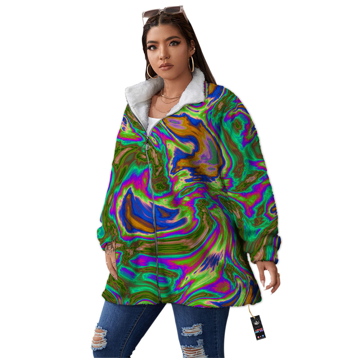 Psychedelic Trippy Purple Green Print Women's Sherpa Jacket-grizzshop