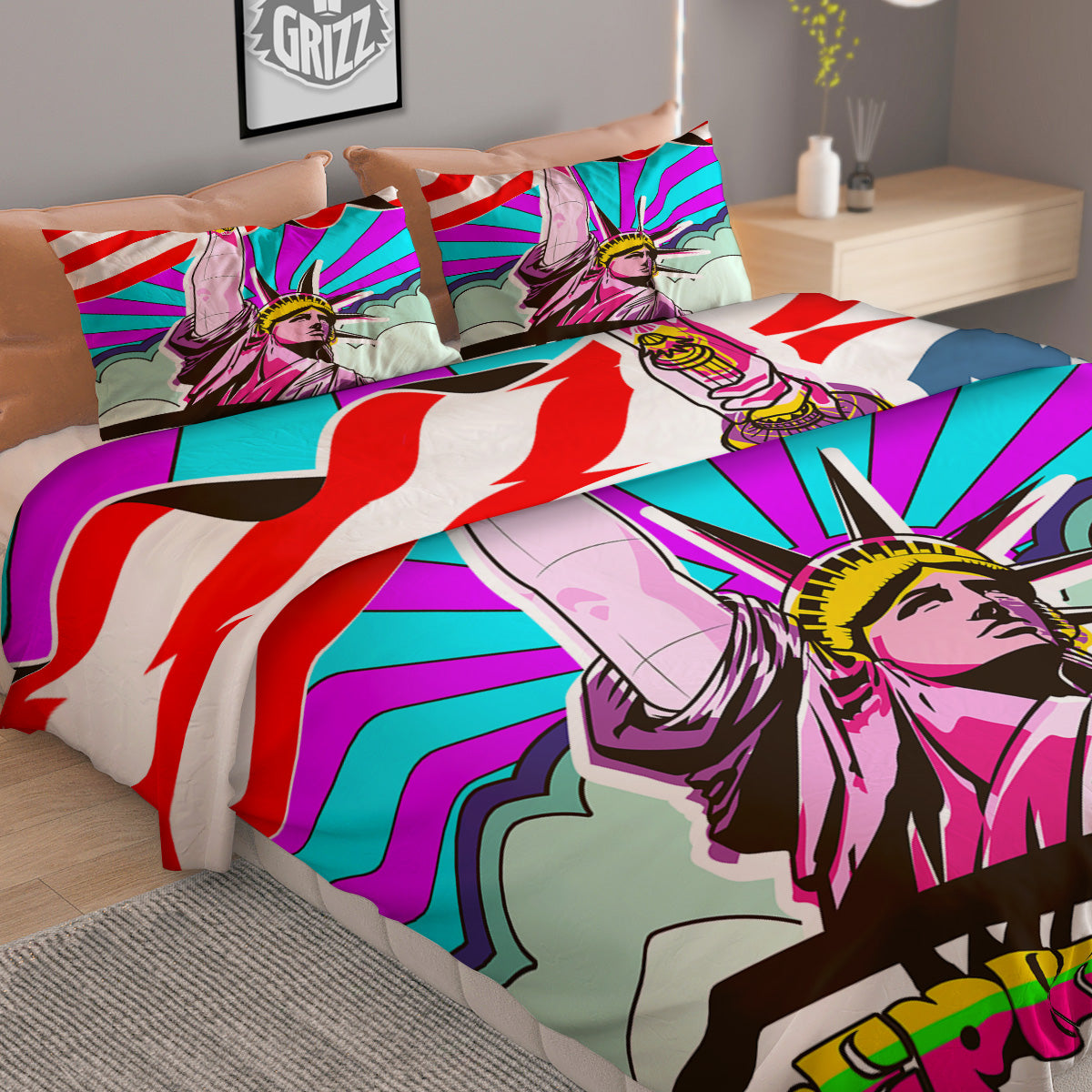 Psychedelic USA Statue of Liberty Independence Day Print Duvet Cover Bedding Set