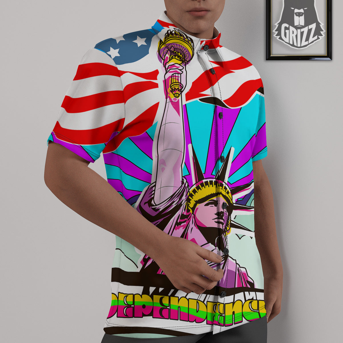 Psychedelic USA Statue of Liberty Independence Day Print Untucked Shirts-grizzshop