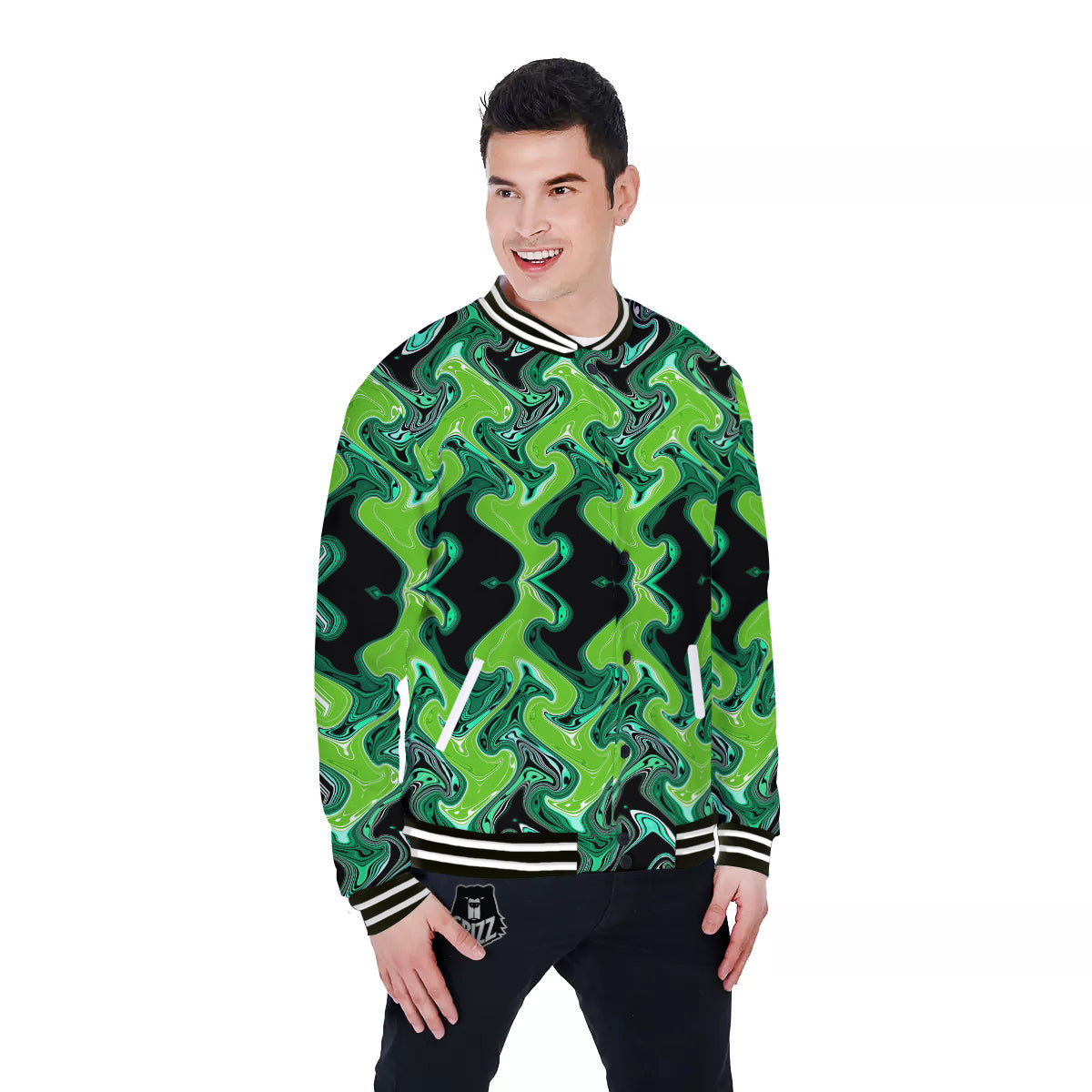 Psychedelic Wave Liquid Green Print Baseball Jacket-grizzshop