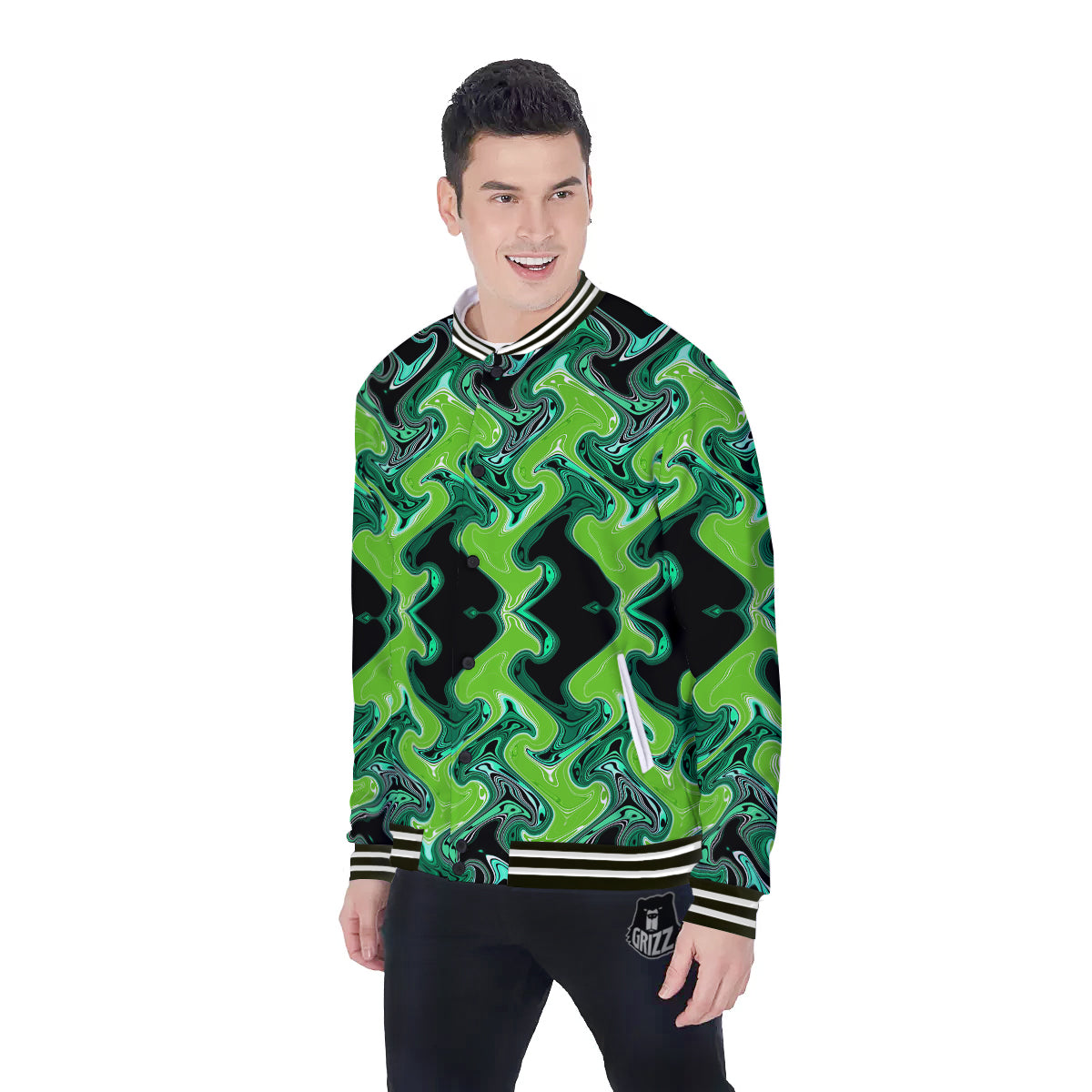 Psychedelic Wave Liquid Green Print Baseball Jacket-grizzshop