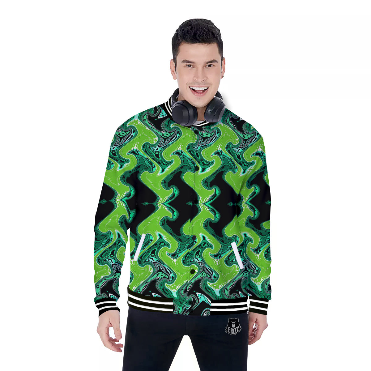 Psychedelic Wave Liquid Green Print Baseball Jacket-grizzshop
