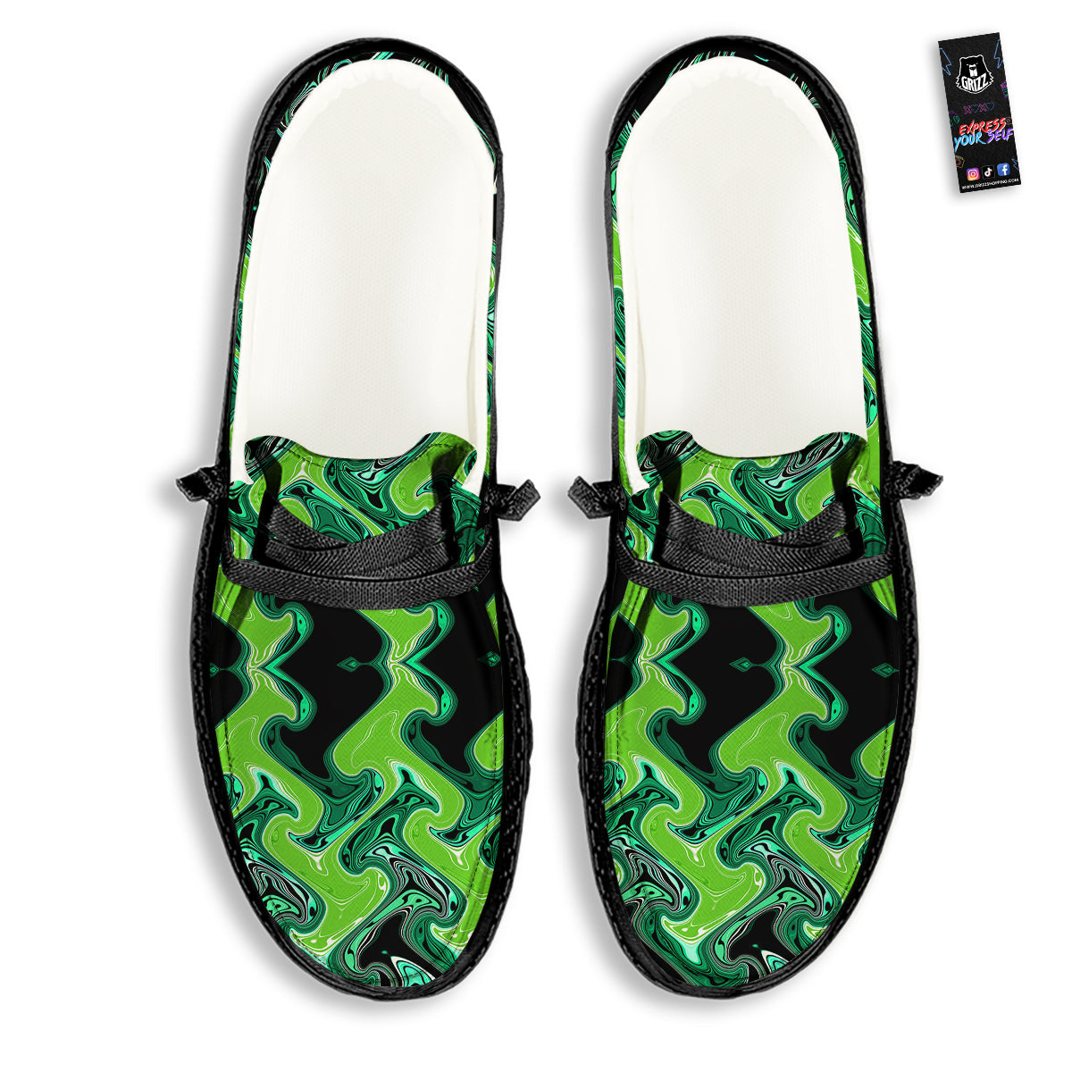 Psychedelic Wave Liquid Green Print Black Loafers-grizzshop