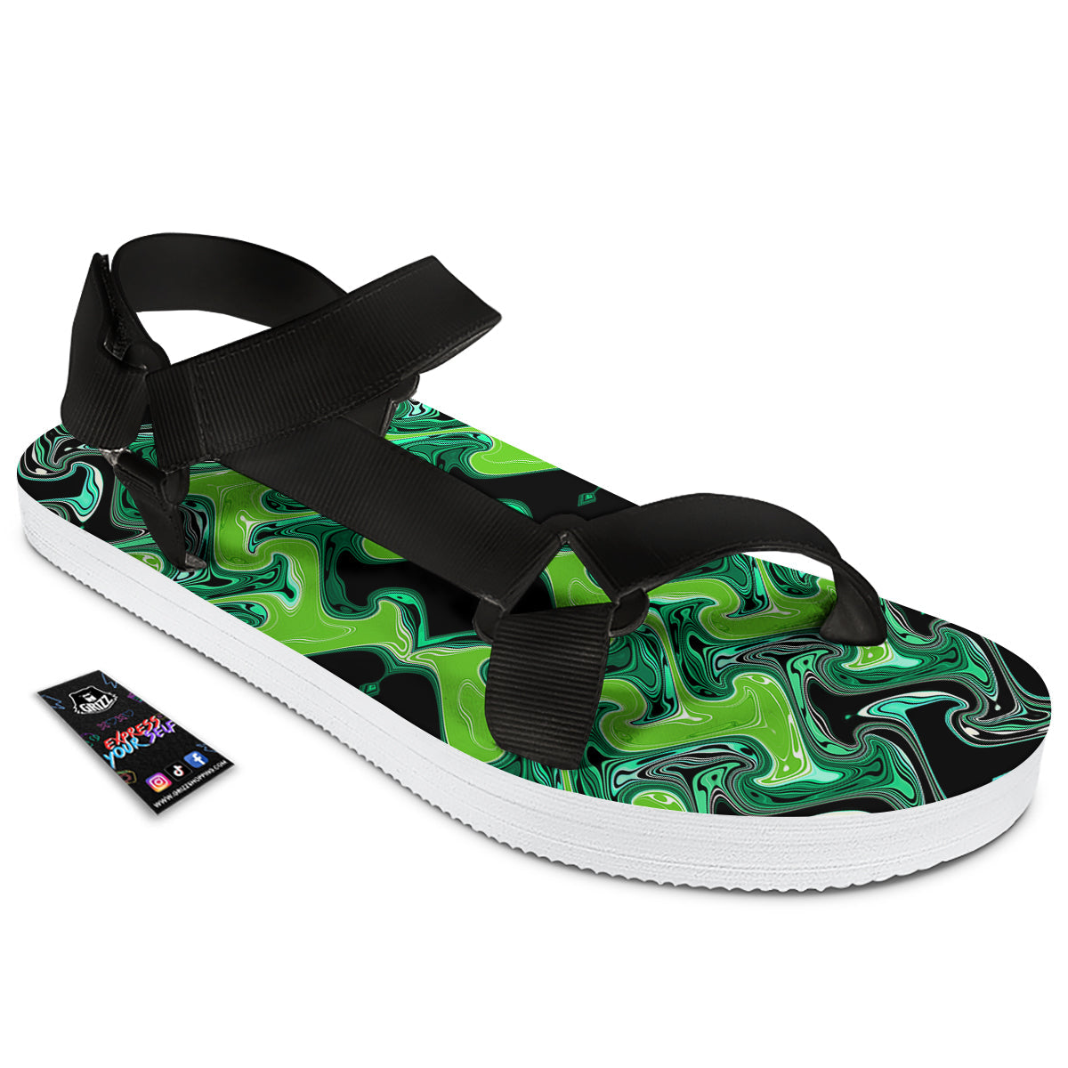 Psychedelic Wave Liquid Green Print Black Open Toe Sandals-grizzshop