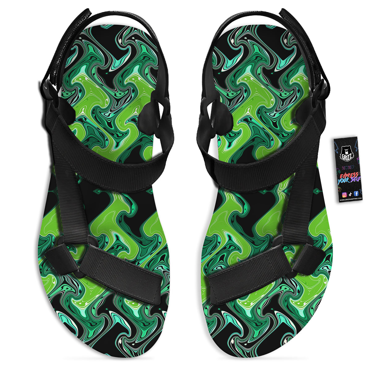 Psychedelic Wave Liquid Green Print Black Open Toe Sandals-grizzshop