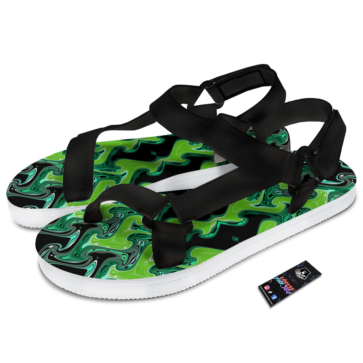 Psychedelic Wave Liquid Green Print Black Open Toe Sandals-grizzshop
