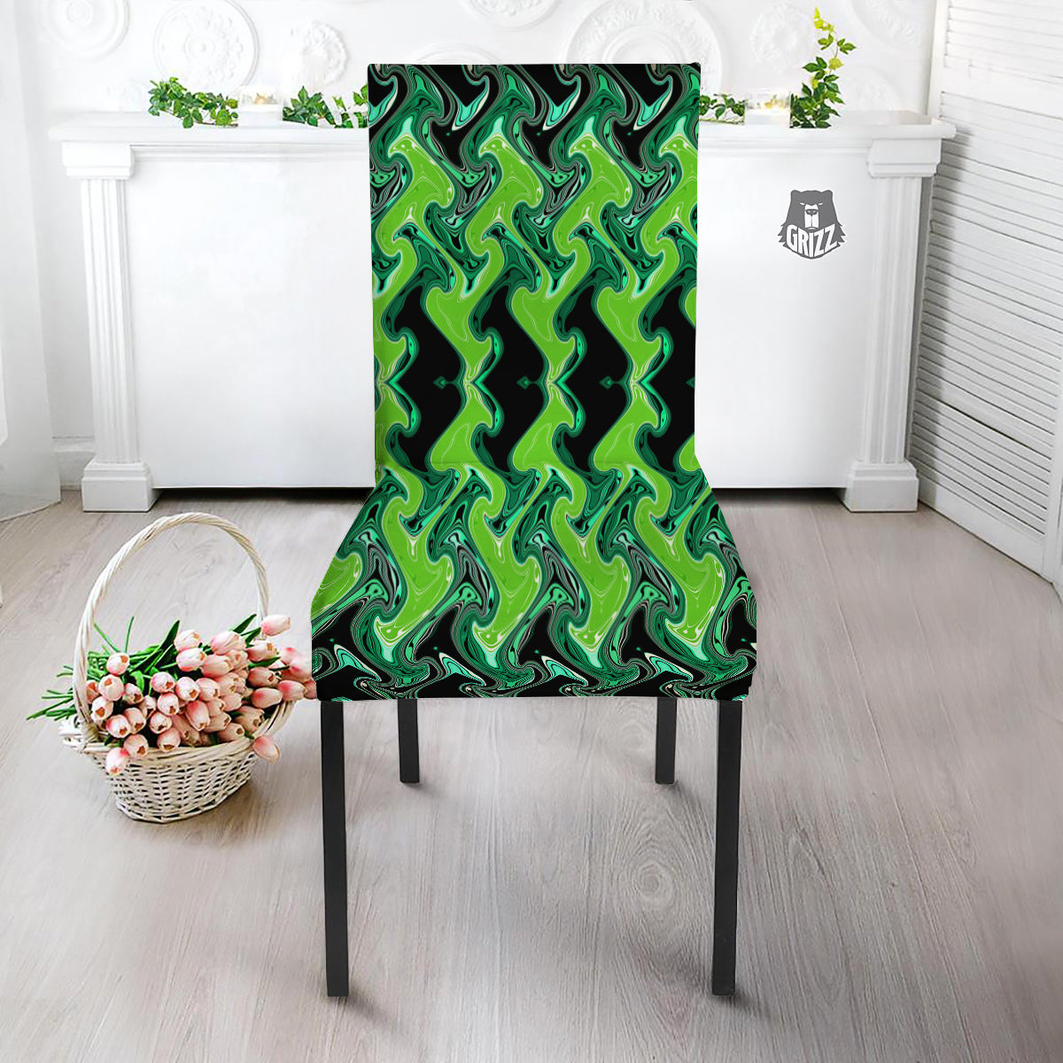 Psychedelic Wave Liquid Green Print Dining Chair Slipcover-grizzshop