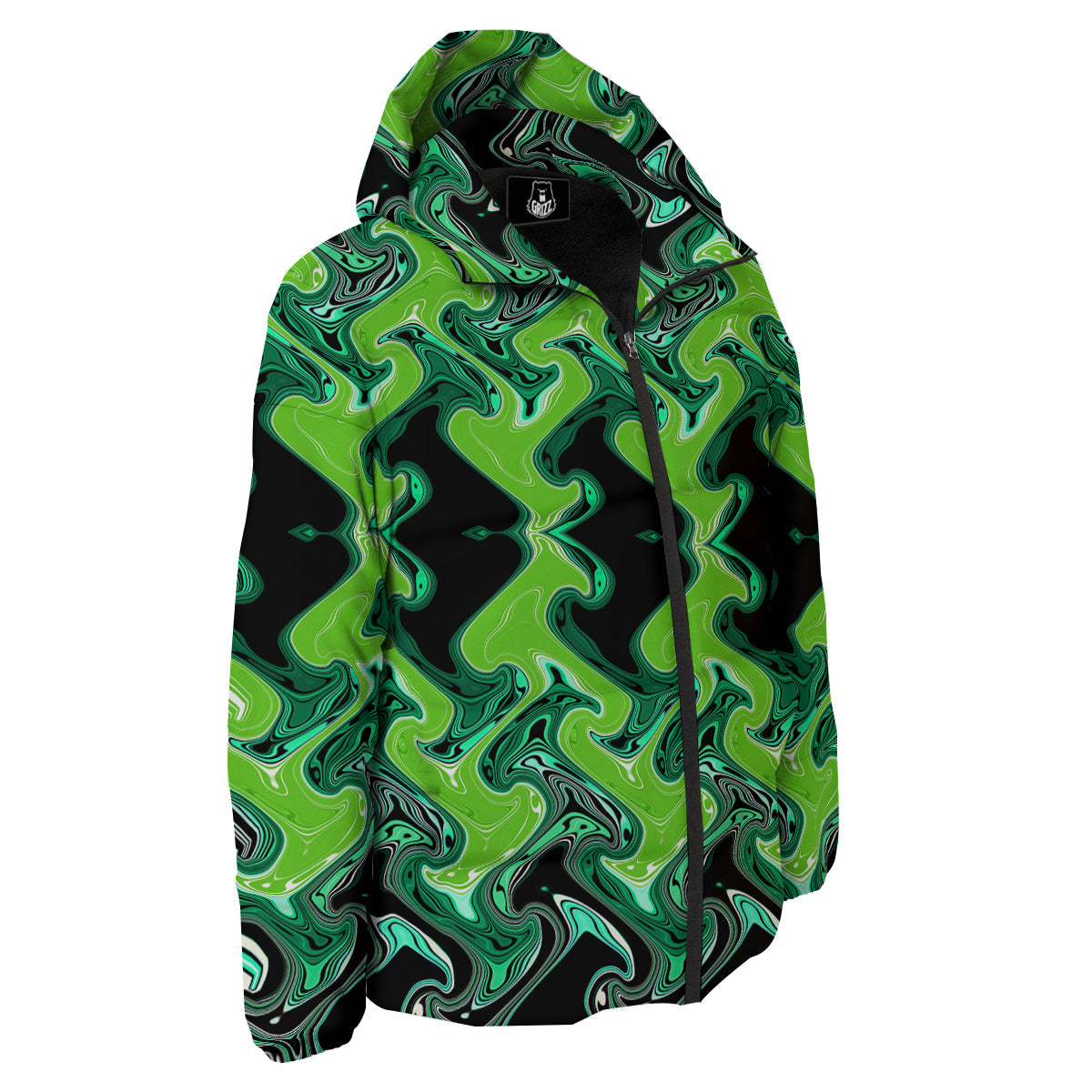 Psychedelic Wave Liquid Green Print Down Jacket-grizzshop