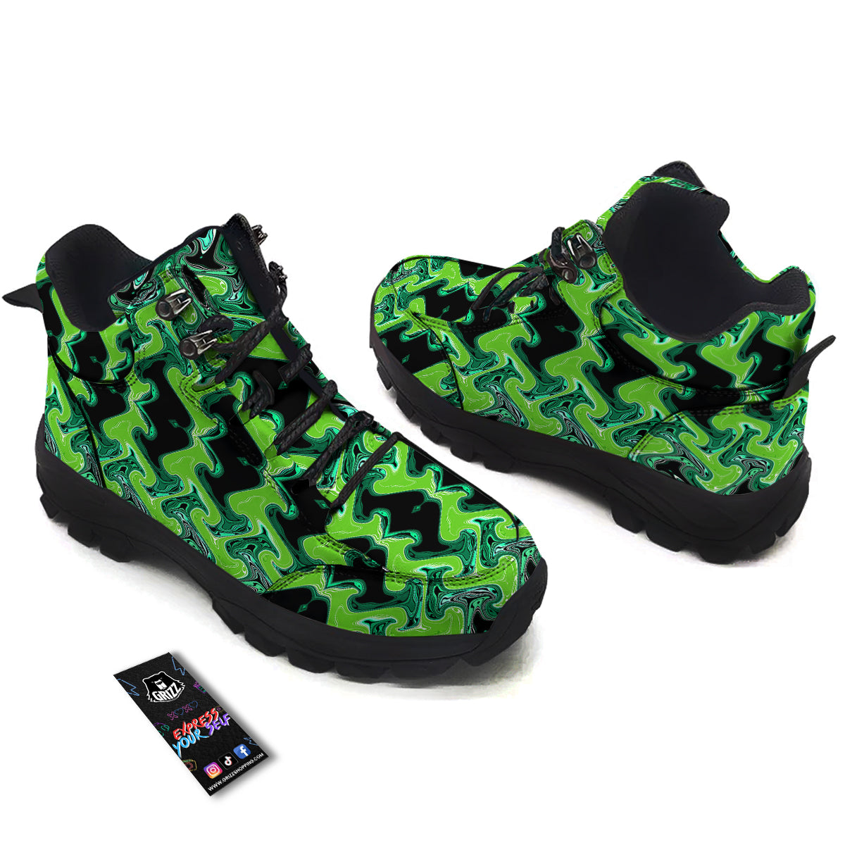 Psychedelic Wave Liquid Green Print Hiking Shoes-grizzshop
