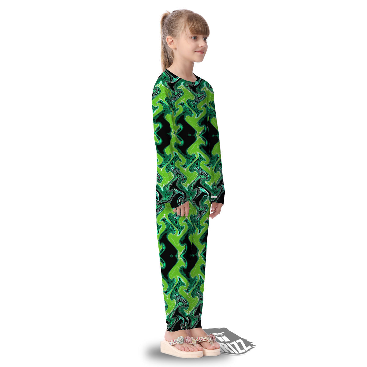 Psychedelic Wave Liquid Green Print Kid's Pajamas-grizzshop