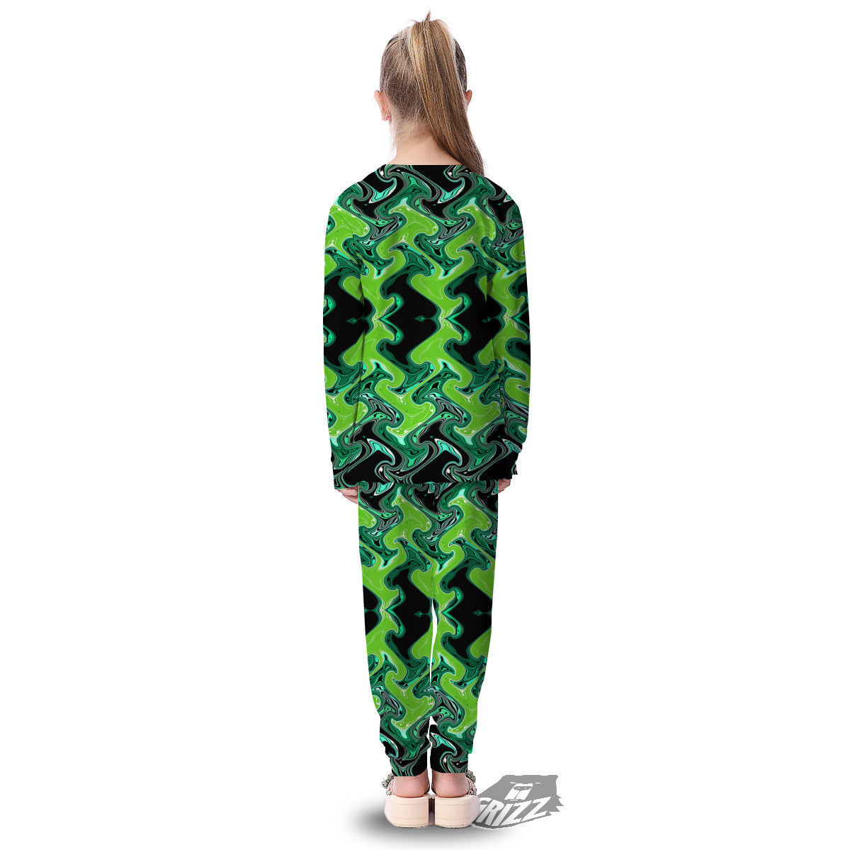 Psychedelic Wave Liquid Green Print Kid's Pajamas-grizzshop