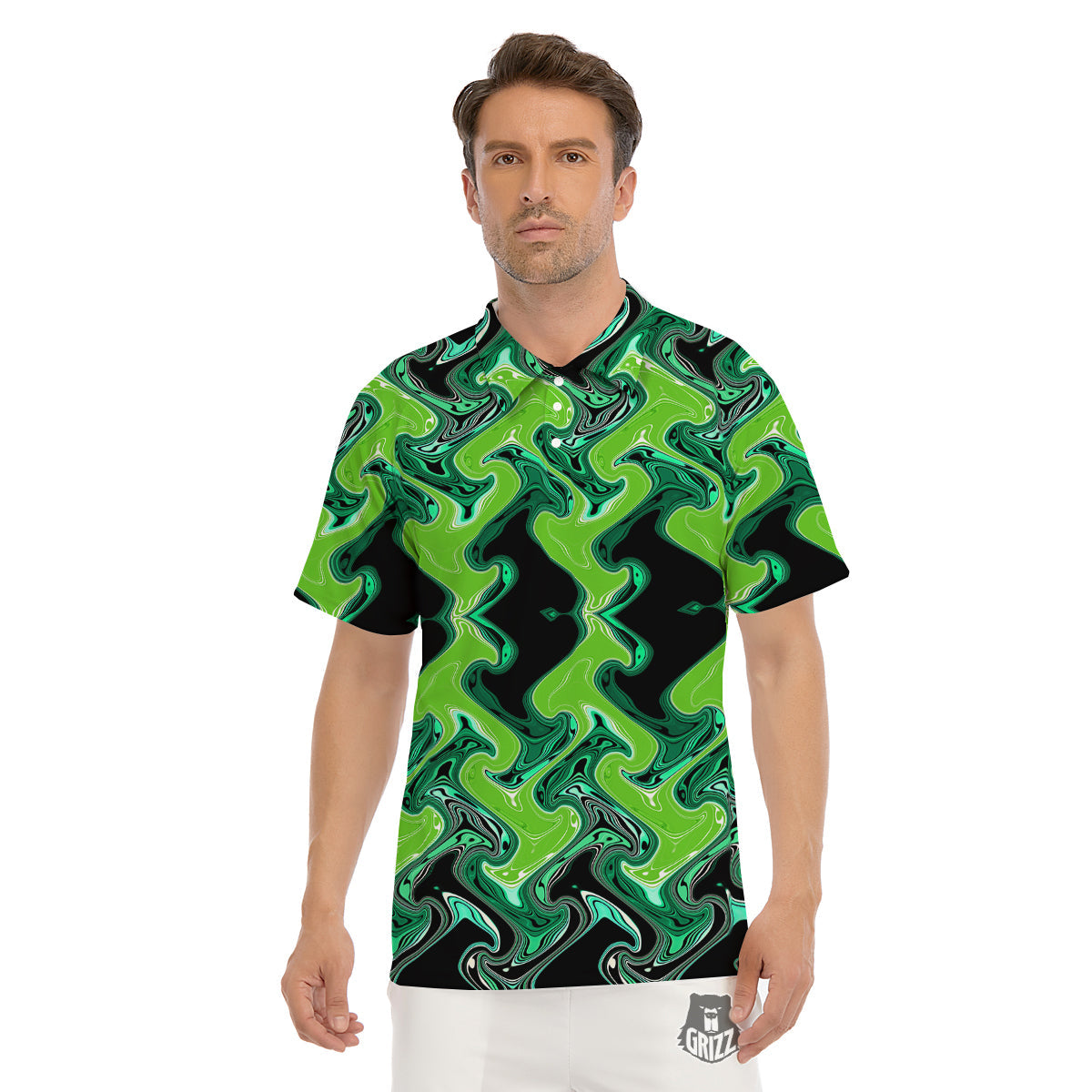 Psychedelic Wave Liquid Green Print Men's Golf Shirts-grizzshop