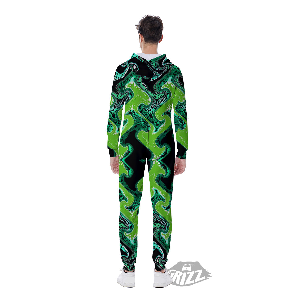 Psychedelic Wave Liquid Green Print Men's Jumpsuit-grizzshop